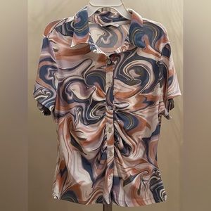 SO Women’s Juniors Marble Swirl Button Down Cinched Blouse Crop Top Size XL